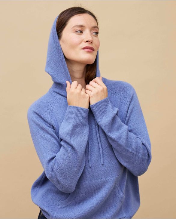 Sweat capuche bleu lavande  100% cachemire 