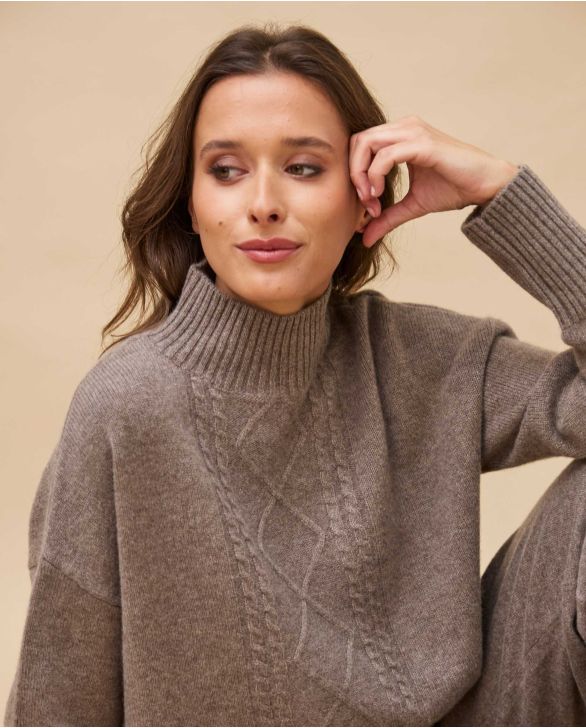 Pull col montant torsade taupe 100% cachemire