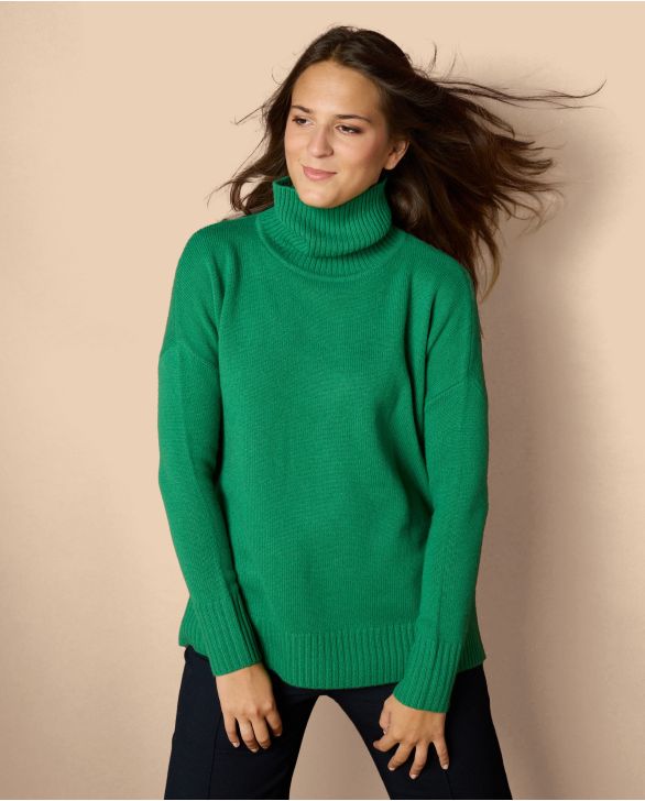 Pull col roulé ample vert pré 100% cachemire