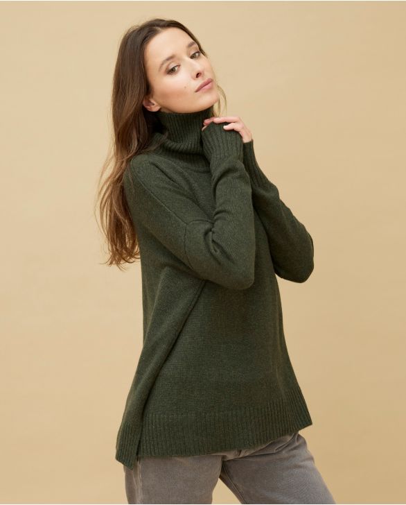 Pull col roulé ample kaki 100% cachemire