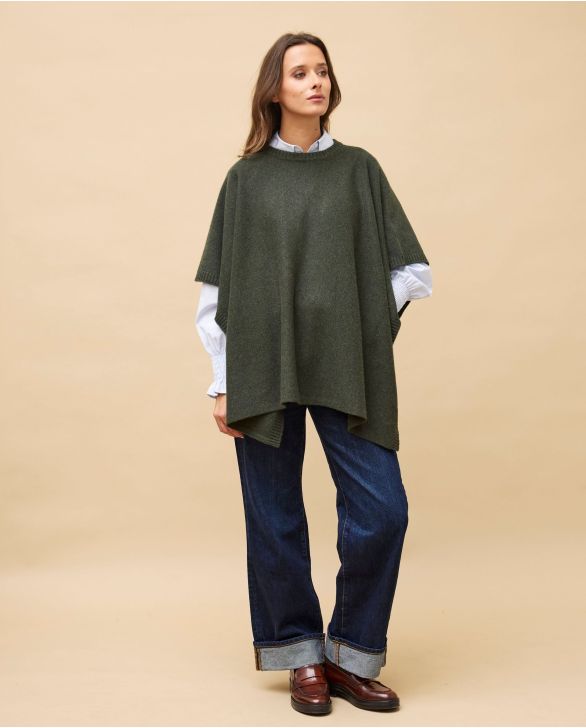 Poncho col rond kaki 100% cachemire