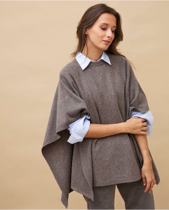 Poncho col rond taupe 100% cachemire