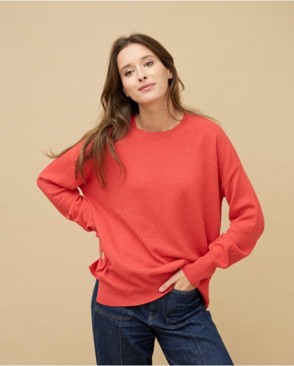 Pull col rond loose orange 100% cachemire