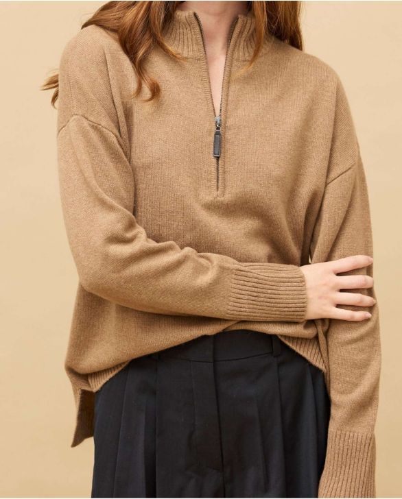 Pull col zippé loose camel 100% cachemire