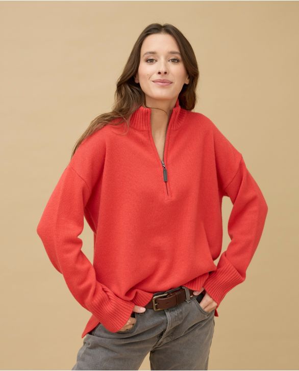 Pull col zippé loose orange 100% cachemire