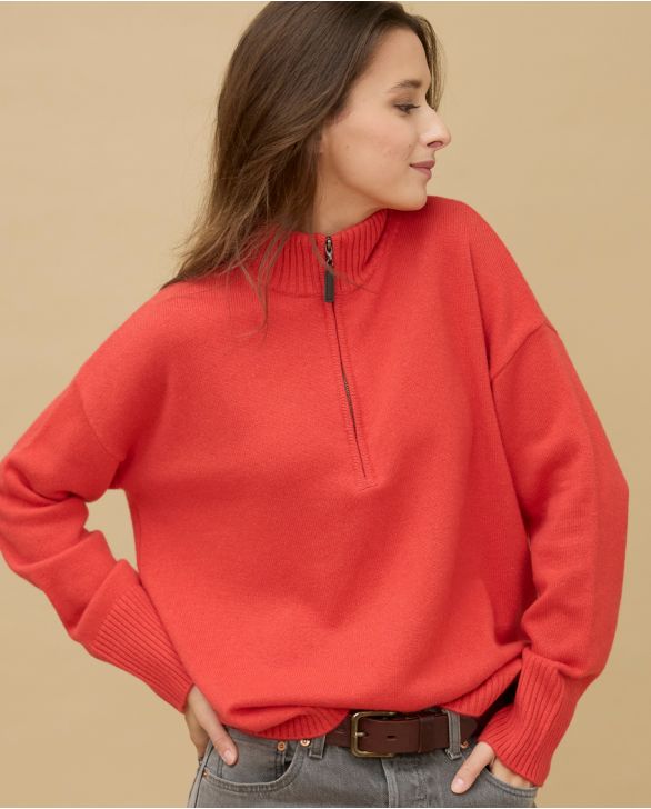 Pull col zippé loose orange 100% cachemire