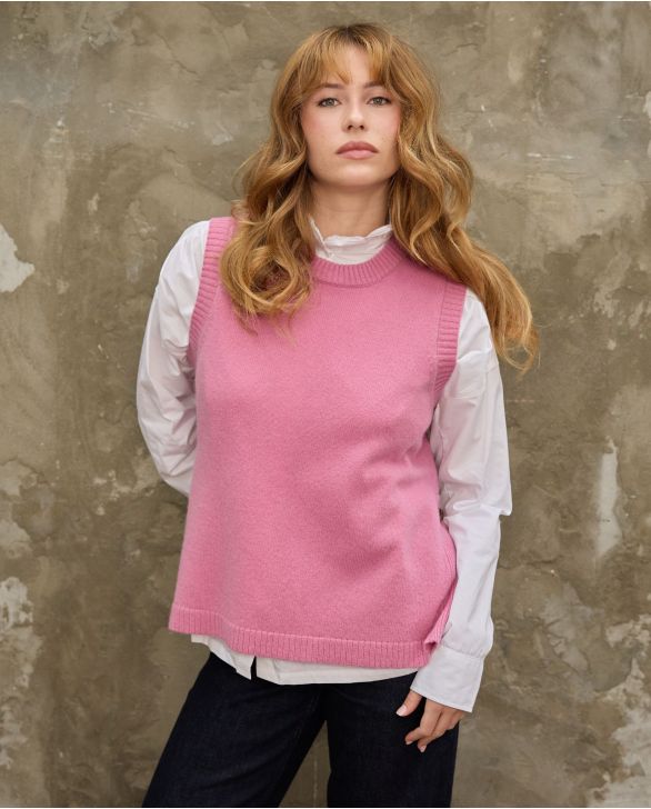 Pull sans manches rose 100% lambswool 