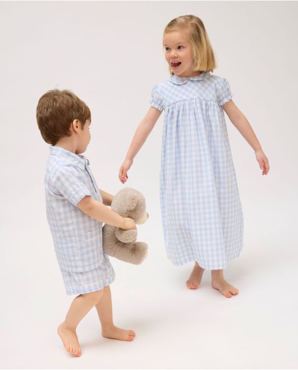 Chemise de nuit manches courtes gros vichy ciel