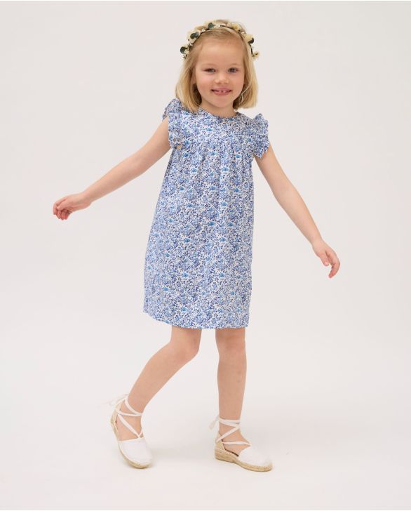 Robe volant épaule imprimé fleur bleue