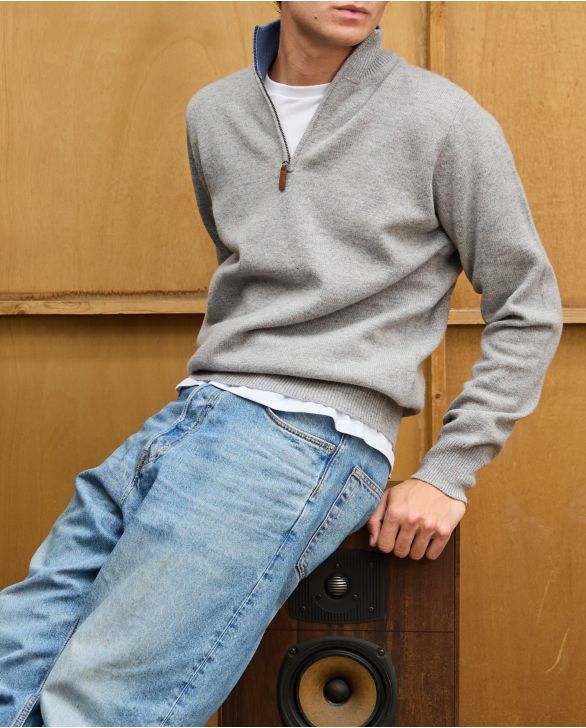 Pull col zippé gris 100% lambswool