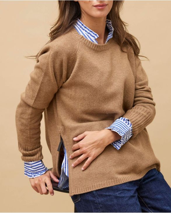 Pull zips côtés camel 100% cachemire