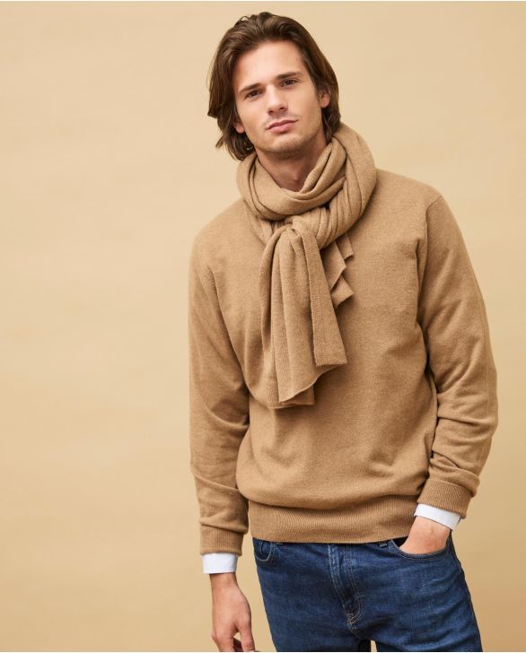 Pull col V camel 100% cachemire
