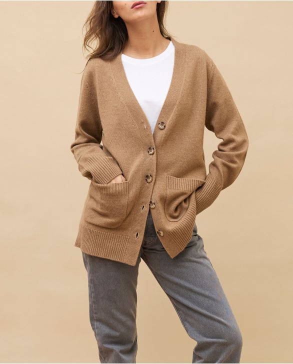Cardigan V camel 100% cachemire 