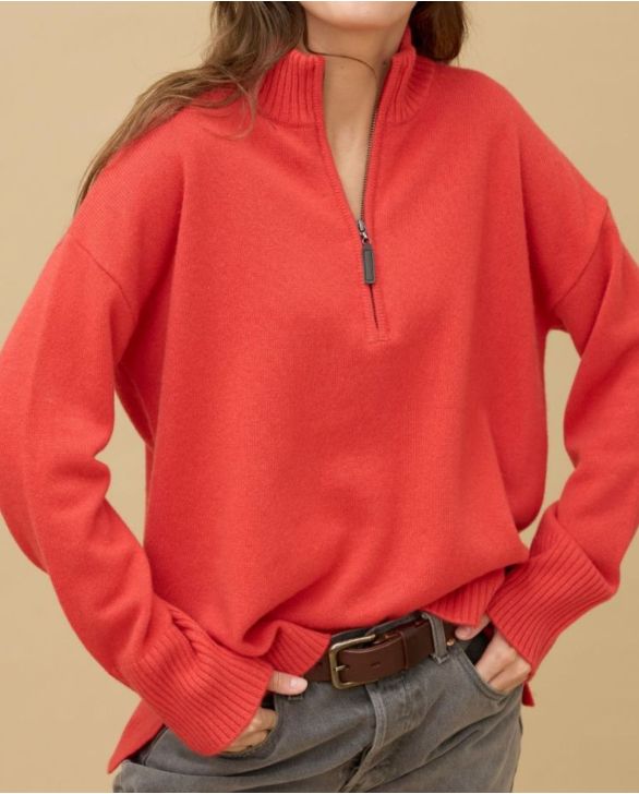 Pull col zippé loose orange 100% cachemire