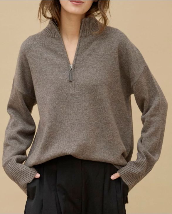 Pull col zippé loose taupe 100% cachemire
