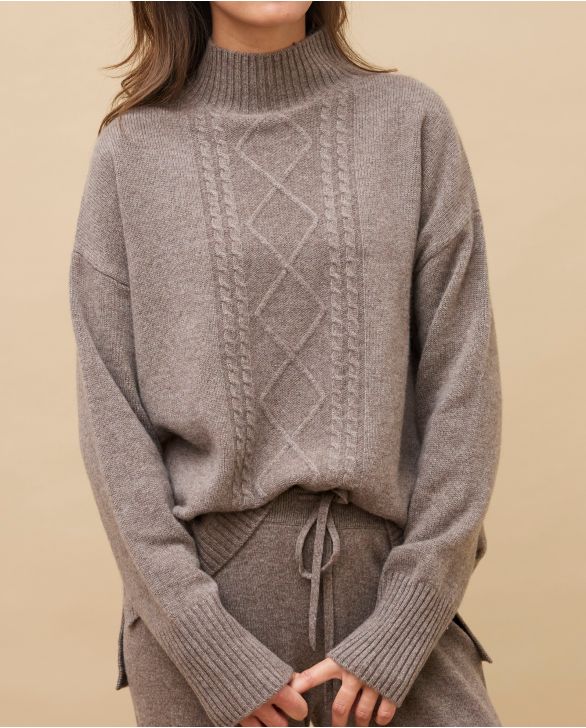 Pull col montant torsade taupe 100% cachemire