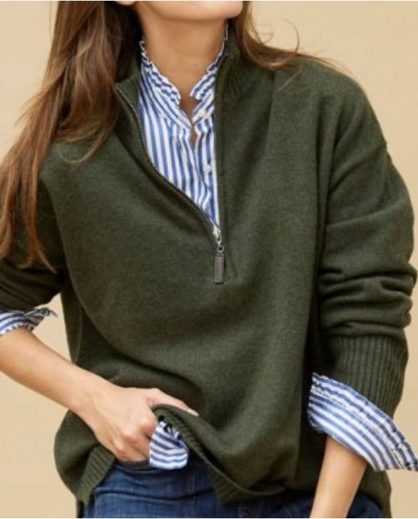 Pull col zippé loose kaki 100% cachemire