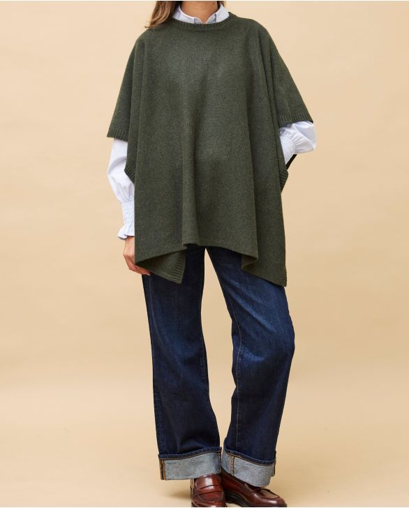 Poncho col rond kaki 100% cachemire