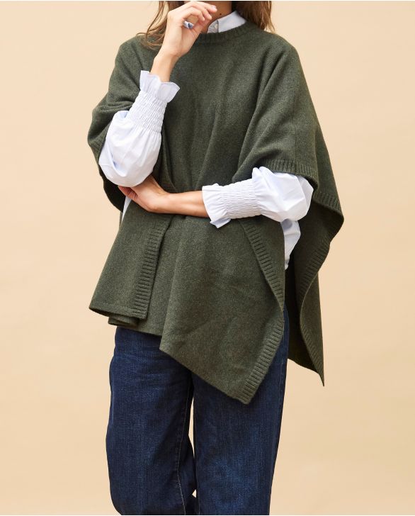 Poncho col rond kaki 100% cachemire