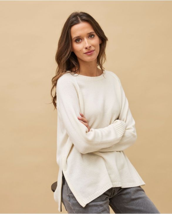 Pull zips côtés écru 100% cachemire