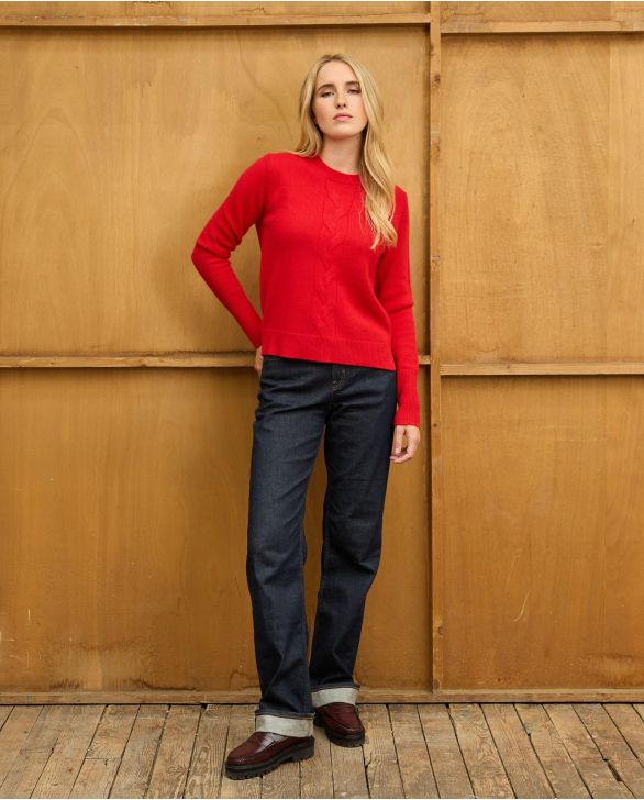 Pull court torsade rouge 100% cachemire