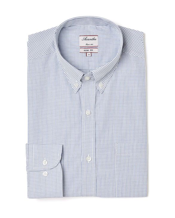 Chemise ajustée col boutonné petit carreau bleu