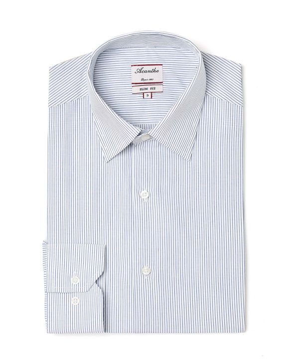 Chemise ajustée col italien fines rayures bleu