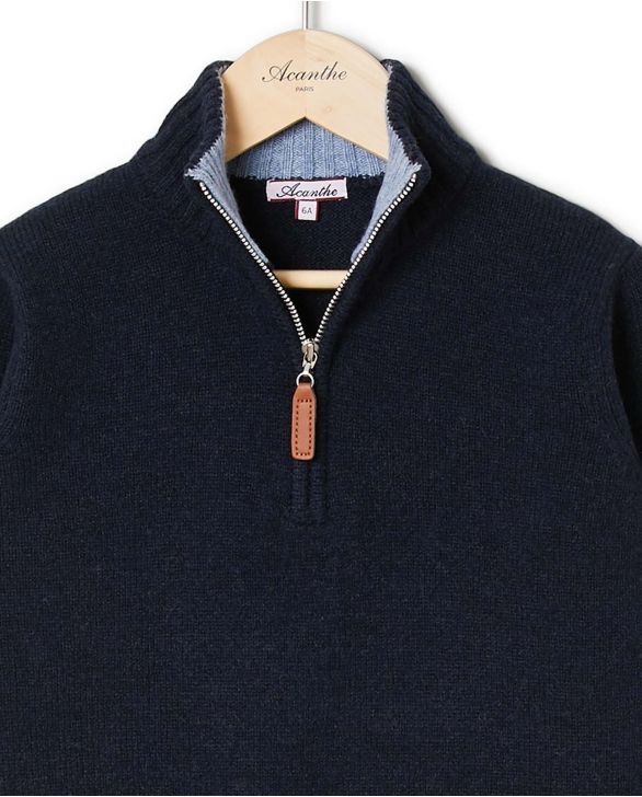 Pull col zippé marine 100% lambswool 12a-14a