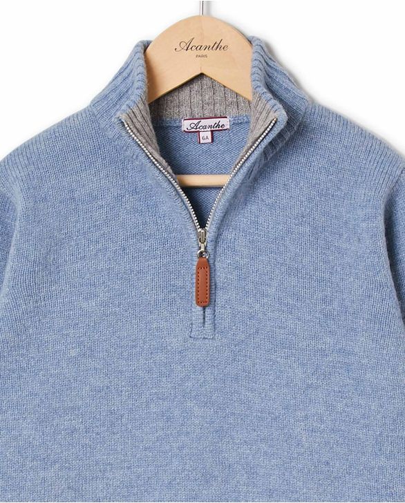 Pull col zippé denim clair 100% lambswool 12a-14a