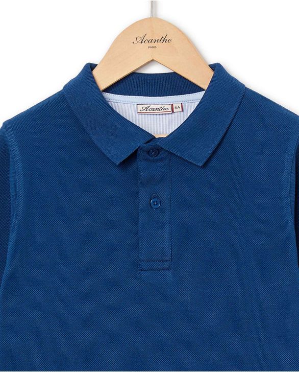 Polo piqué manches longues bleu 12a-14a