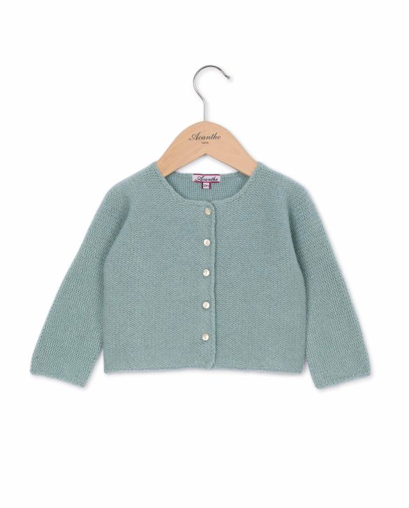 Cardigan point mousse vert d'eau 100% lambswool