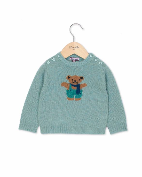 Pull col rond jacquard ourson vert d'eau 100% lambswool