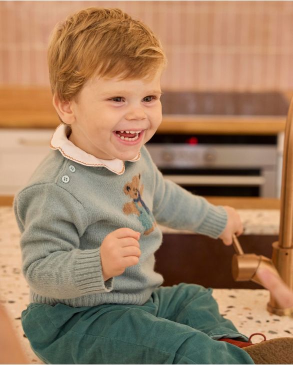 Pull col rond jacquard ourson vert d'eau 100% lambswool