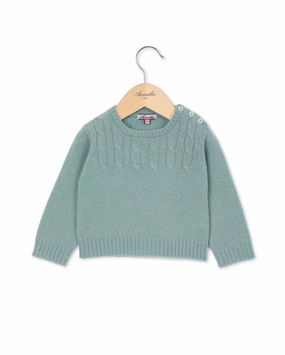 Pull col rond torsade vert d'eau 100% lambswool