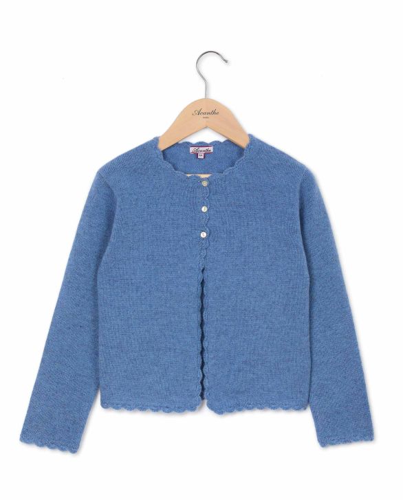 Cardigan finition crochet bleu 100% lambswool