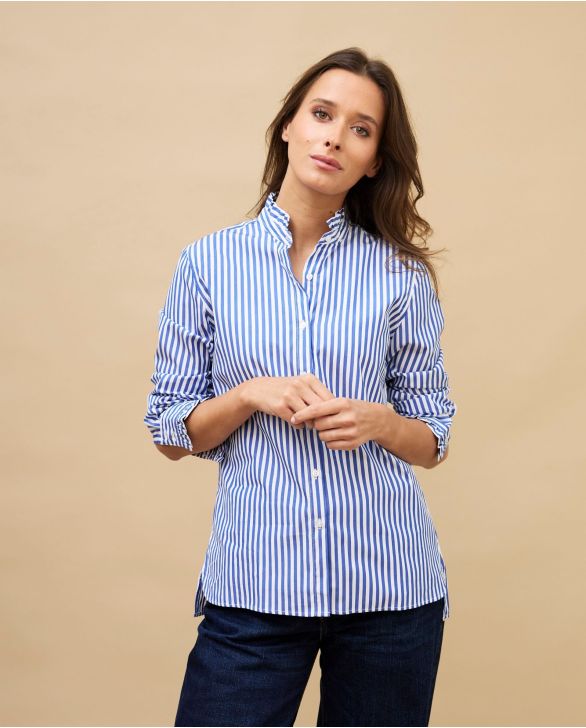 Chemisier col et poignets à volants large rayure bleue