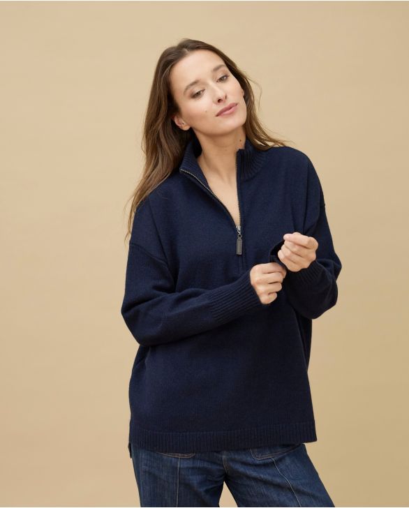 Pull col zippé loose marine 100% cachemire