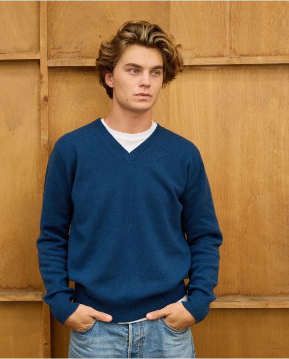 Pull col V marine clair 100% lambswool