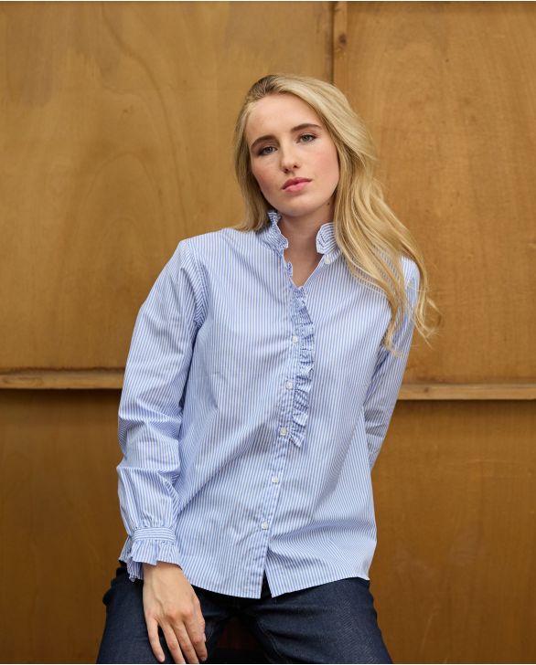 Chemisier col et boutonnière à volants rayure ciel