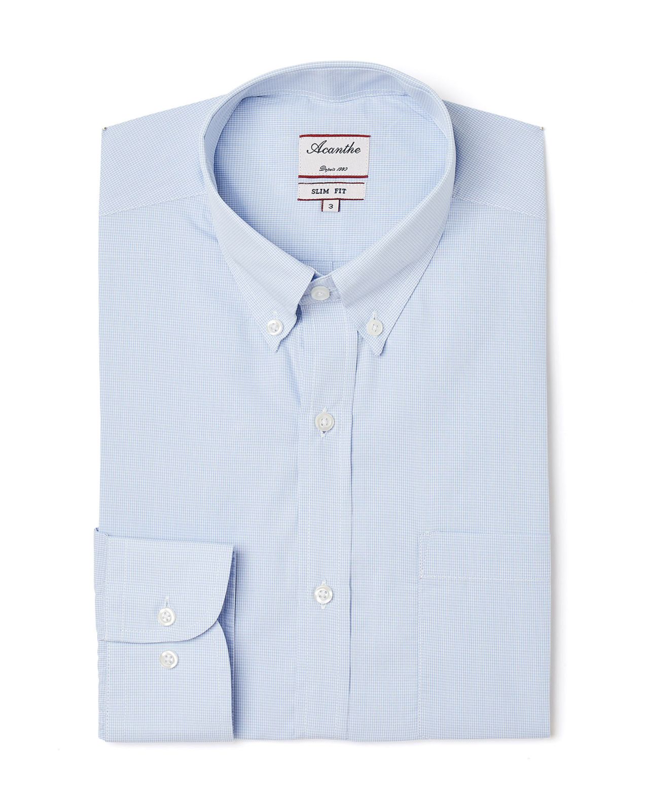 Chemise ajustée col boutonné microvichy ciel