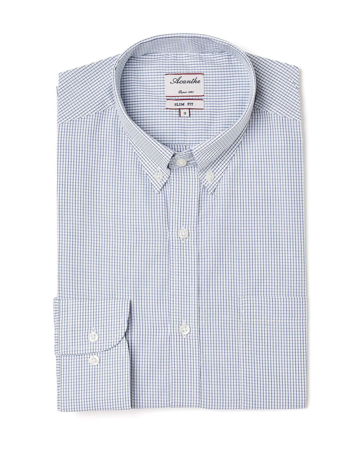 Chemise ajustée col boutonné petit carreau bleu