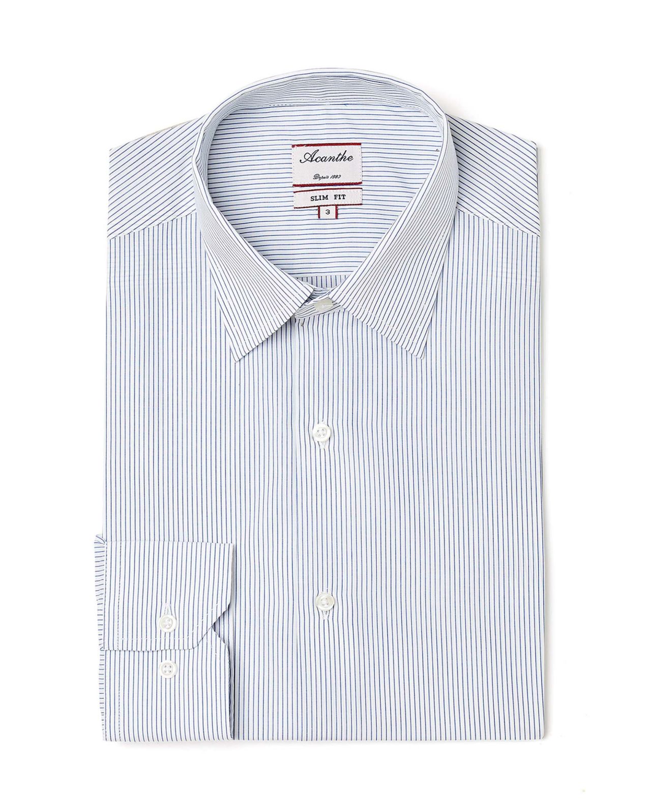 Chemise ajustée col italien fines rayures bleu