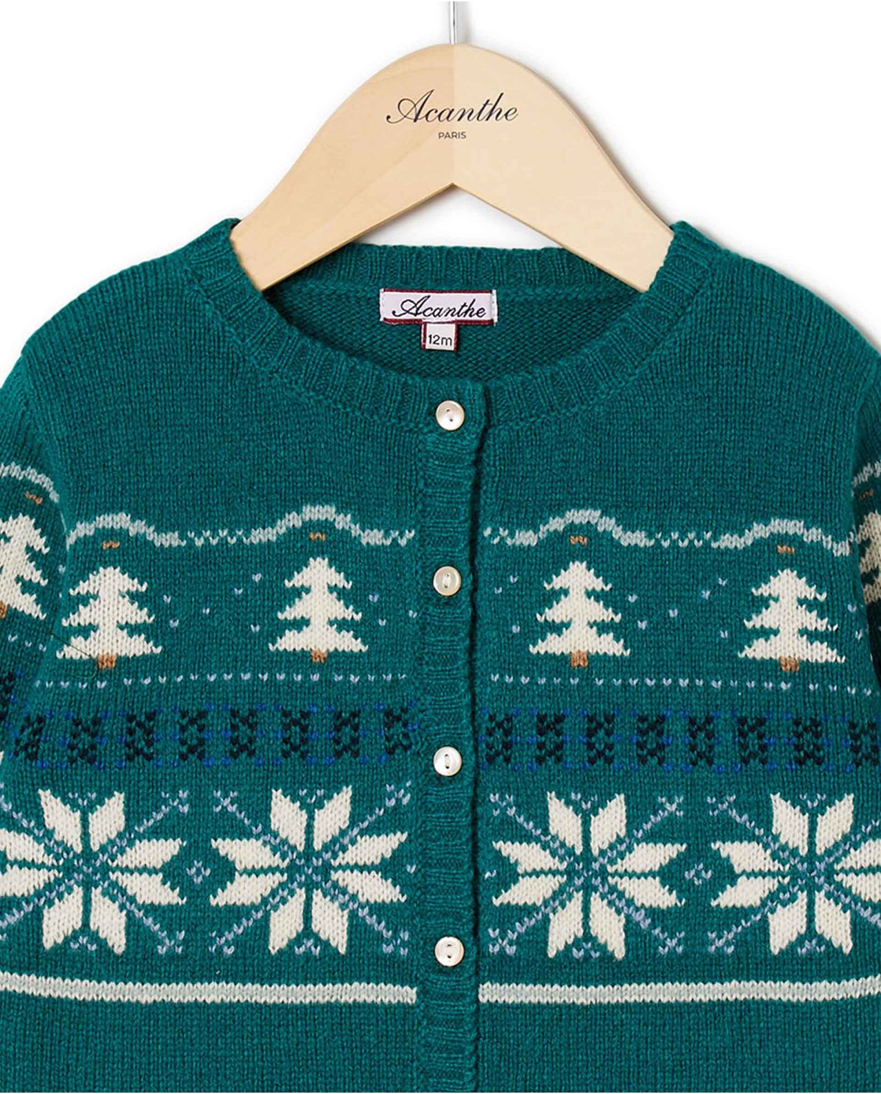 Cardigan col rond jacquard vert 100% lambswool