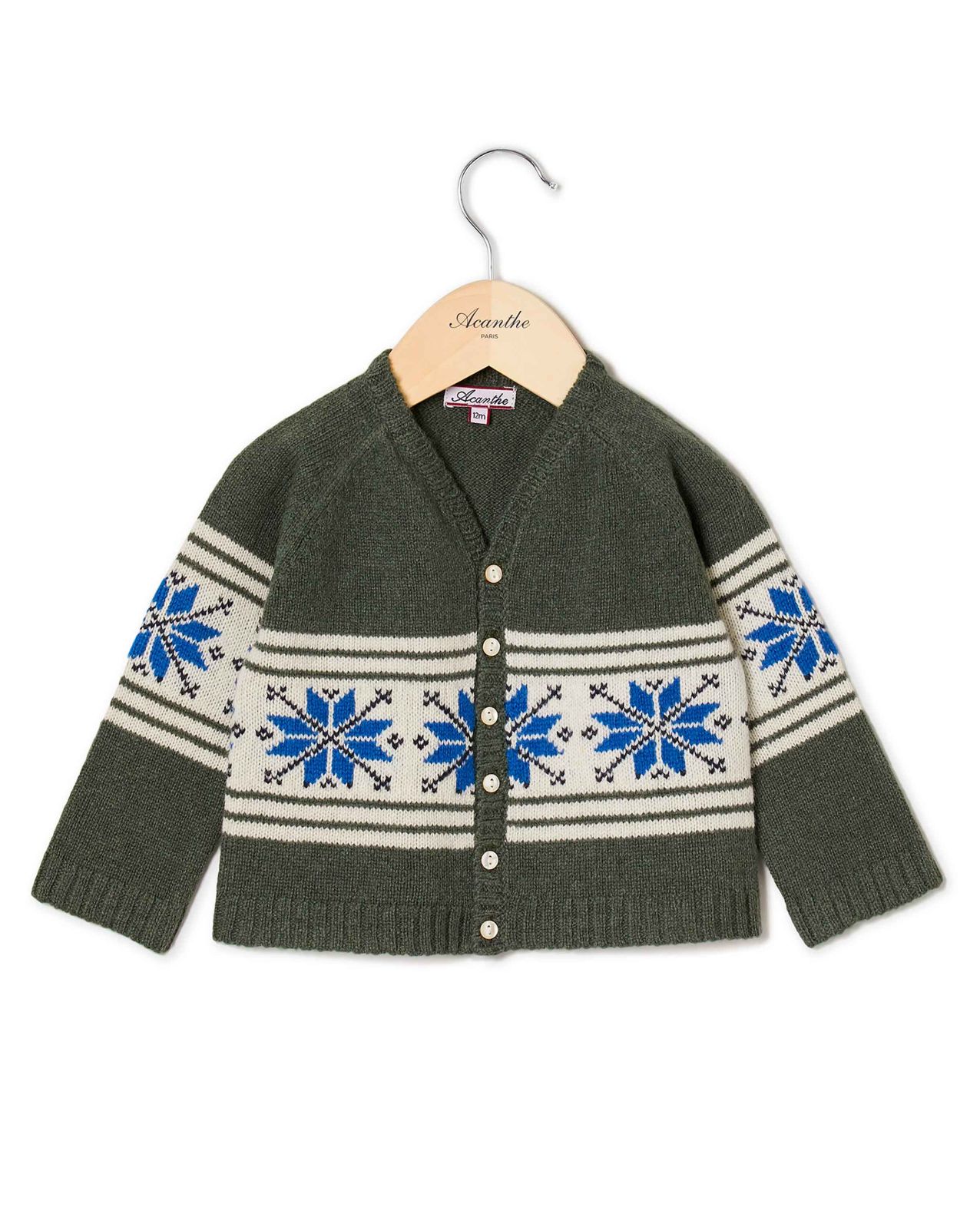 Cardigan col V jacquard kaki 100% lambswool