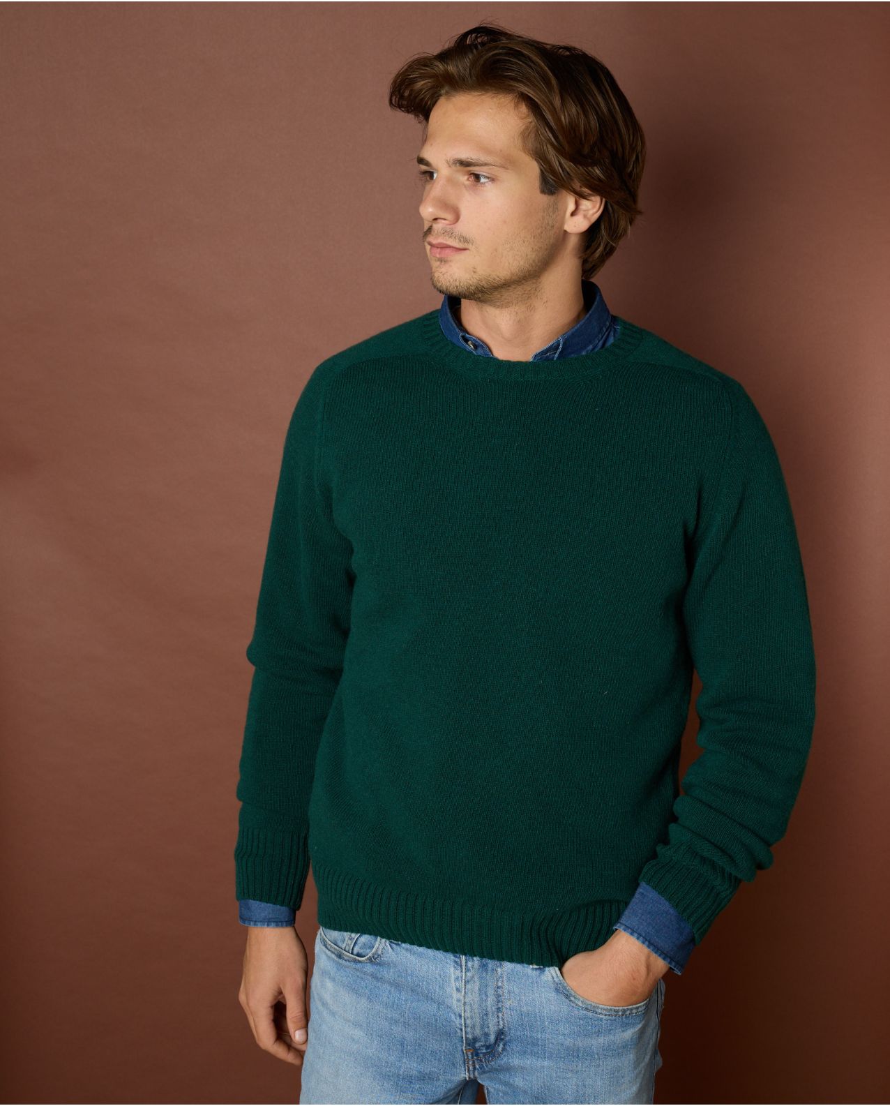 pull col rond vert foncé mérinos-cachemire