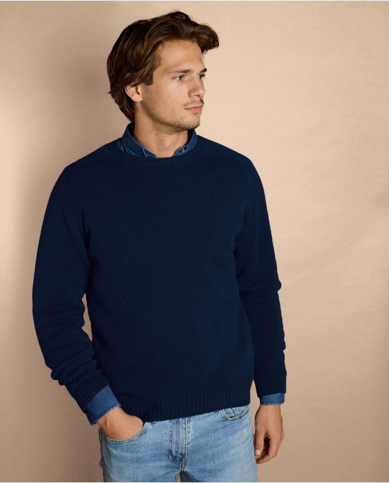 Pull col rond marine mérinos-cachemire