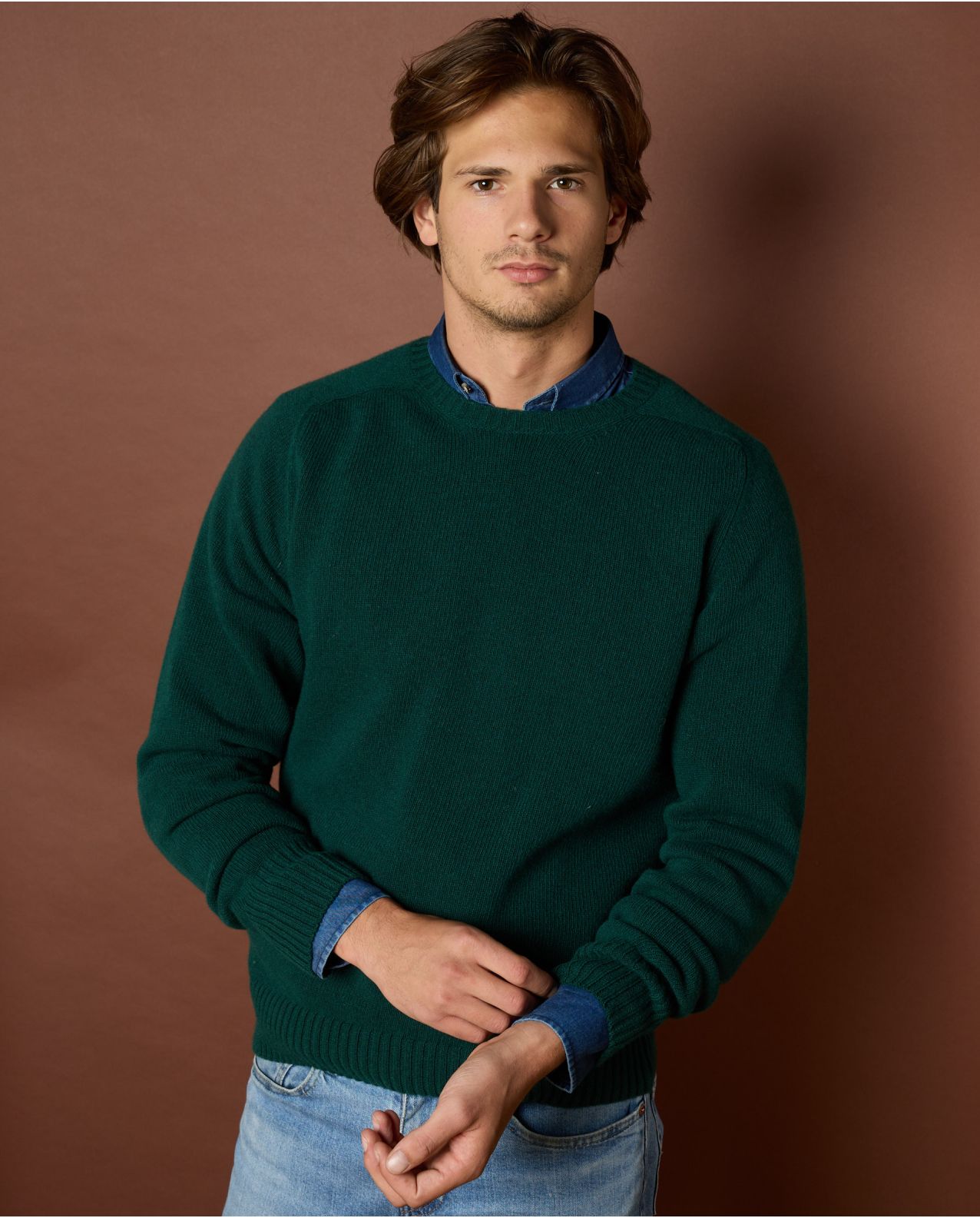 pull col rond vert foncé mérinos-cachemire