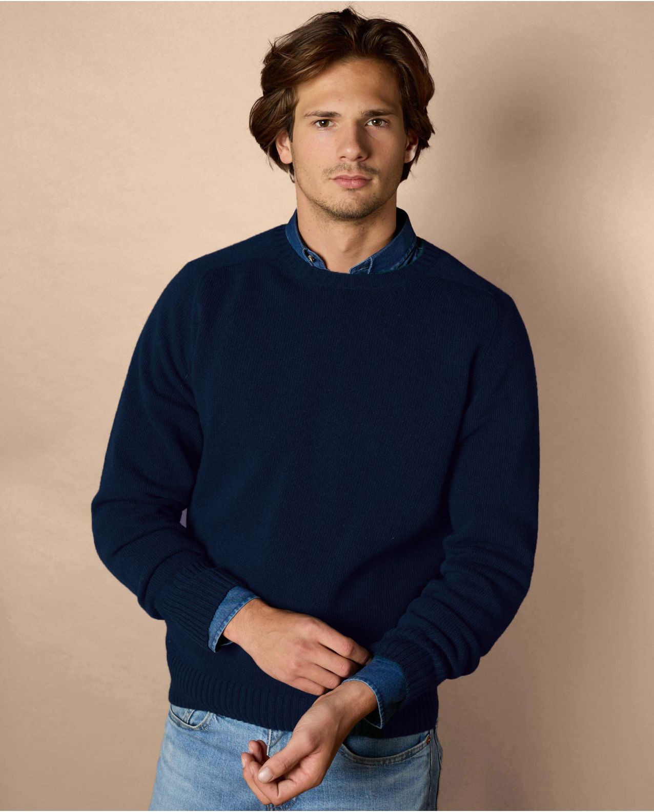 Pull col rond marine mérinos-cachemire