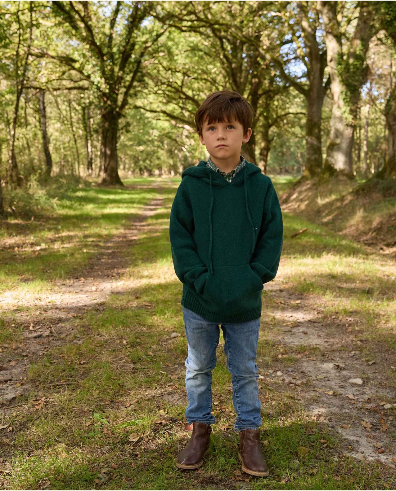 Pull à capuche vert foncé mérinos-cachemire 