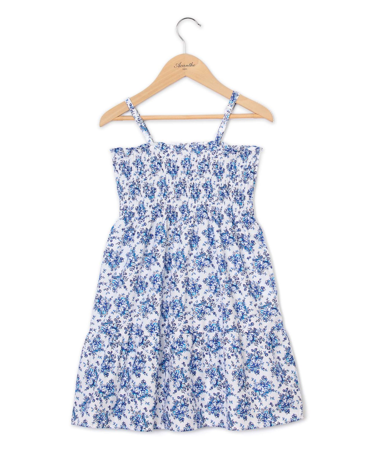 Robe smockée à bretelles imprimé fleur bleue